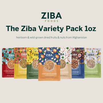 Variety Fruit & Nut Bundle By Ziba | Heirloom Almonds, Salted Pistachios, Sweet Apricot Kernels, Sun-Dried Figs, Dried White Mul