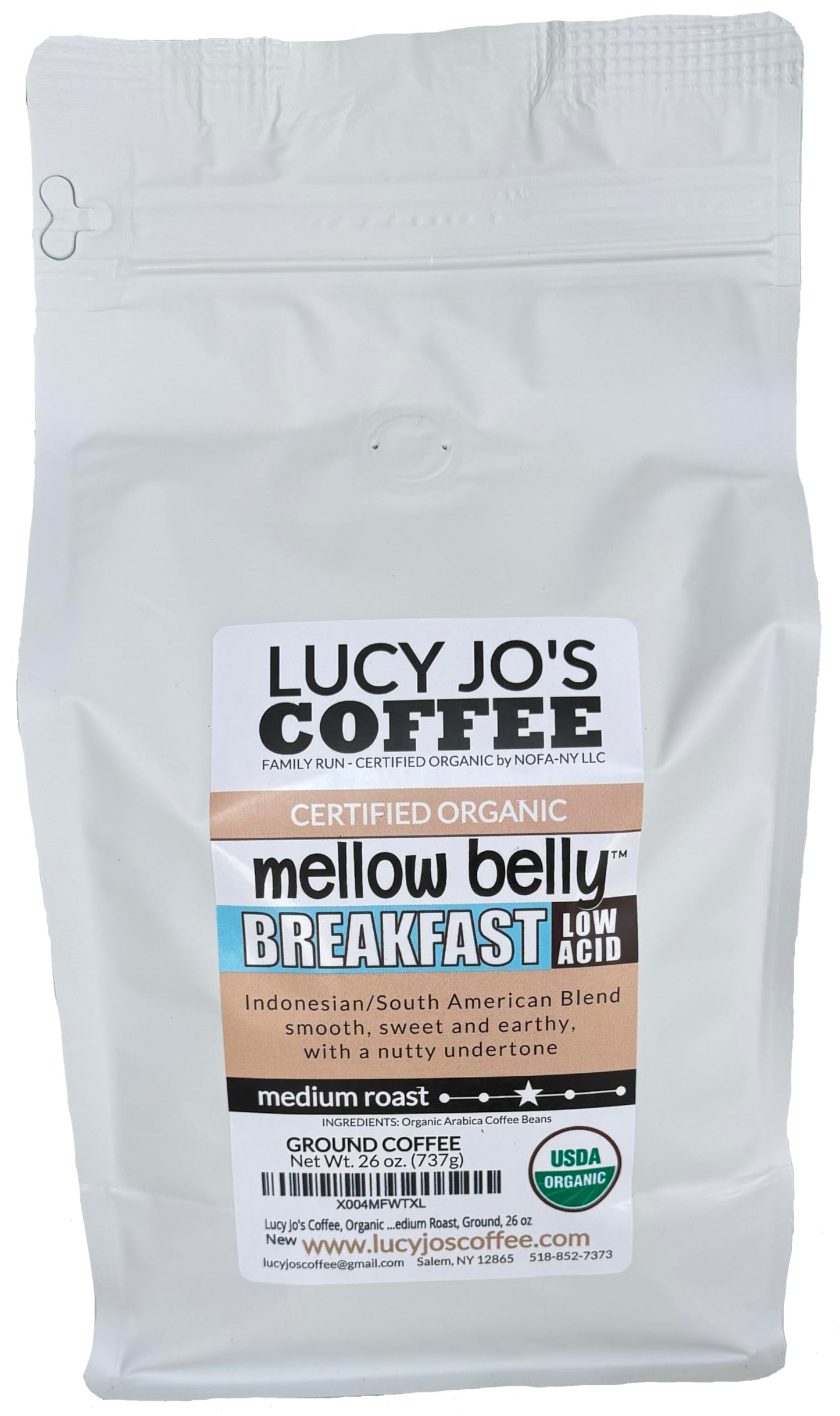 Lucy Jos Coffee Organic Mellow Belly Low Acid Blend, Medium Roast Ground Coffee, 26 oz