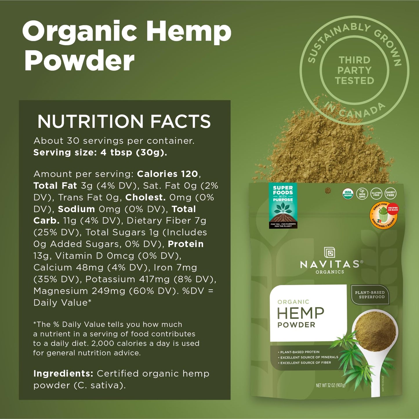 Navitas Organics Hemp Powder, 32 oz. Bag, 30 Servings - Organic, Non-GMO, Cold-Pressed, Gluten-Free