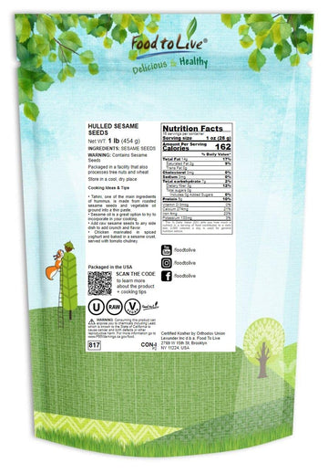 Hulled Sesame Seeds, 1 Pound — Non-Gmo Verified, Whole Raw White Sesame Seeds, Kosher And Vegan, Unroasted, Bulk Sesame. High In Magnesium, Iron, And Calcium. Perfect For Tahini Paste