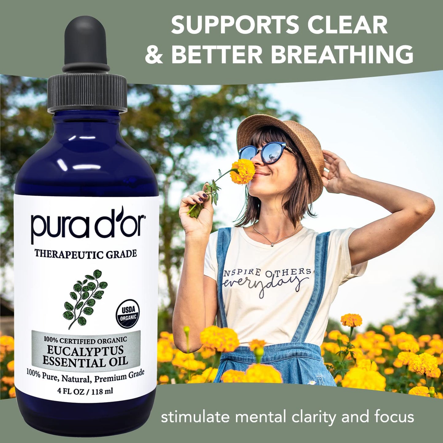 Pura D'Or Organic Eucalyptus Essential Oil (4Oz With Glass Dropper) 100% Pure & Natural Therapeutic Grade For Hair, Body, Skin,