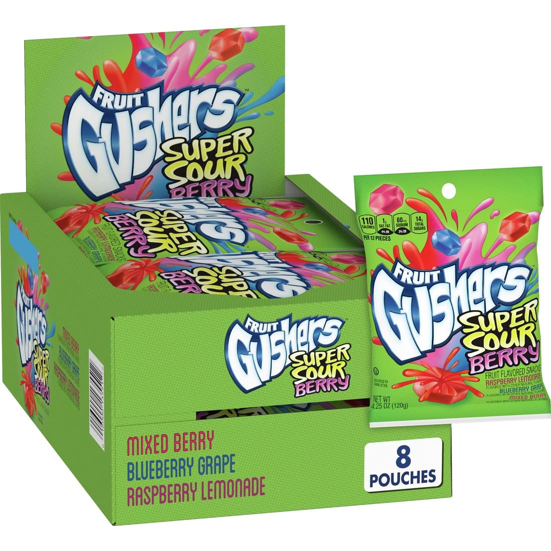 Gushers Fruit Flavored Snacks, Super Sour Berry Flavor, 8 Pouches, 34 Oz