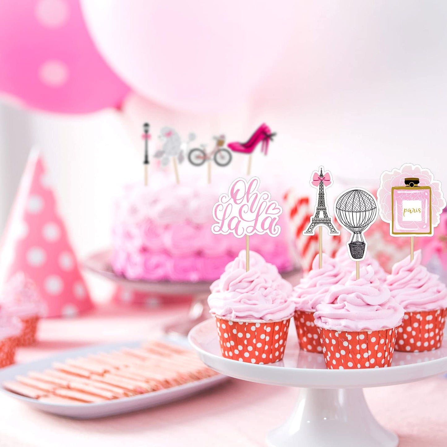 Spakon 48 Pcs Paris Cake Decoration Paris Cupcake Topper Pick Paris Eiffel Tower Bicycle High Heel Perfume Hot Balloon Oh La La