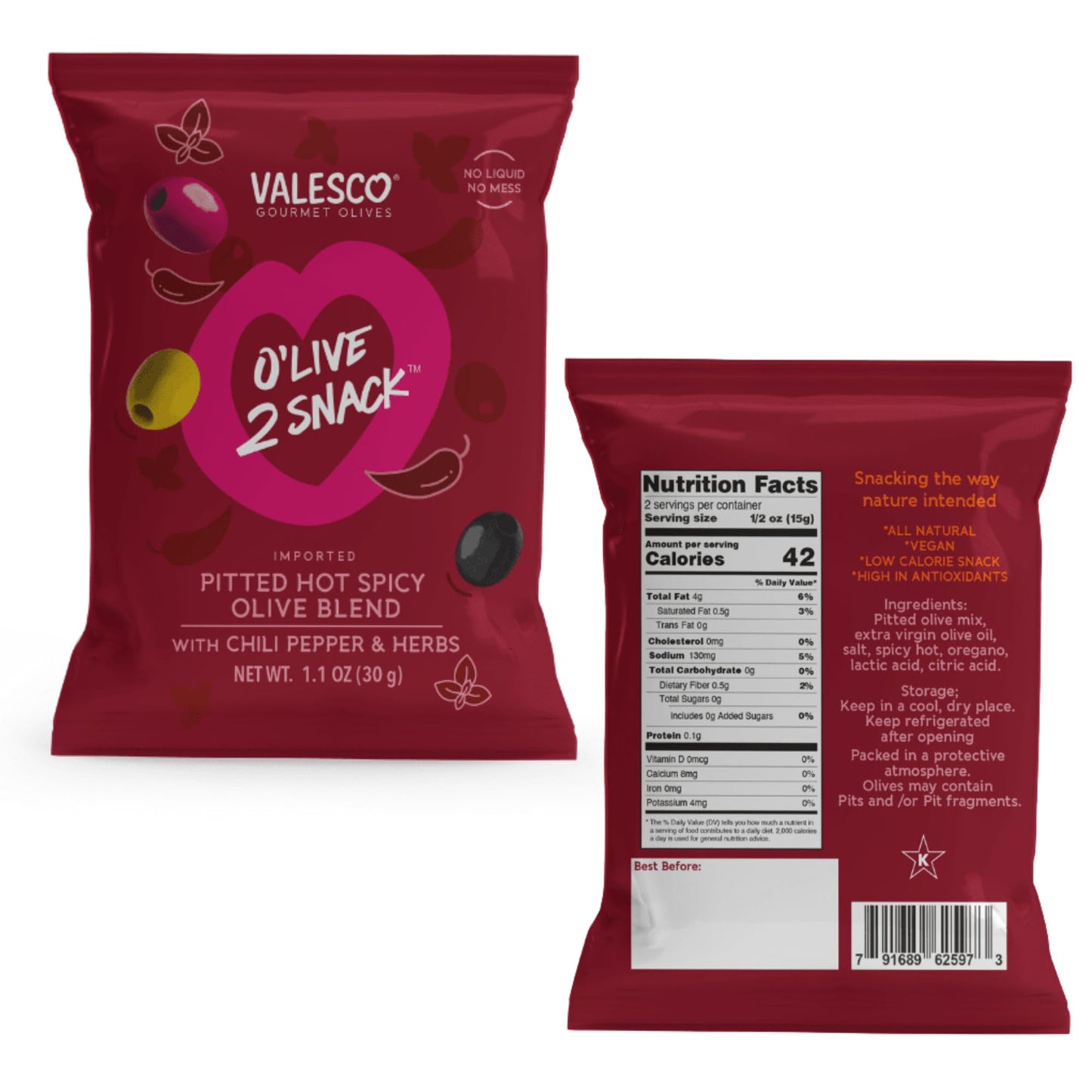 VALESCO OLive Snack Pitted Olives Variety Pack, 6 Flavors, 12 pouches (1 oz each)