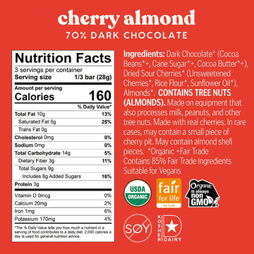 Theo Chocolate Cherry Almond Organic Dark Chocolate Bar, 70% Cacao, 6 Pack | Vegan, Fair Trade