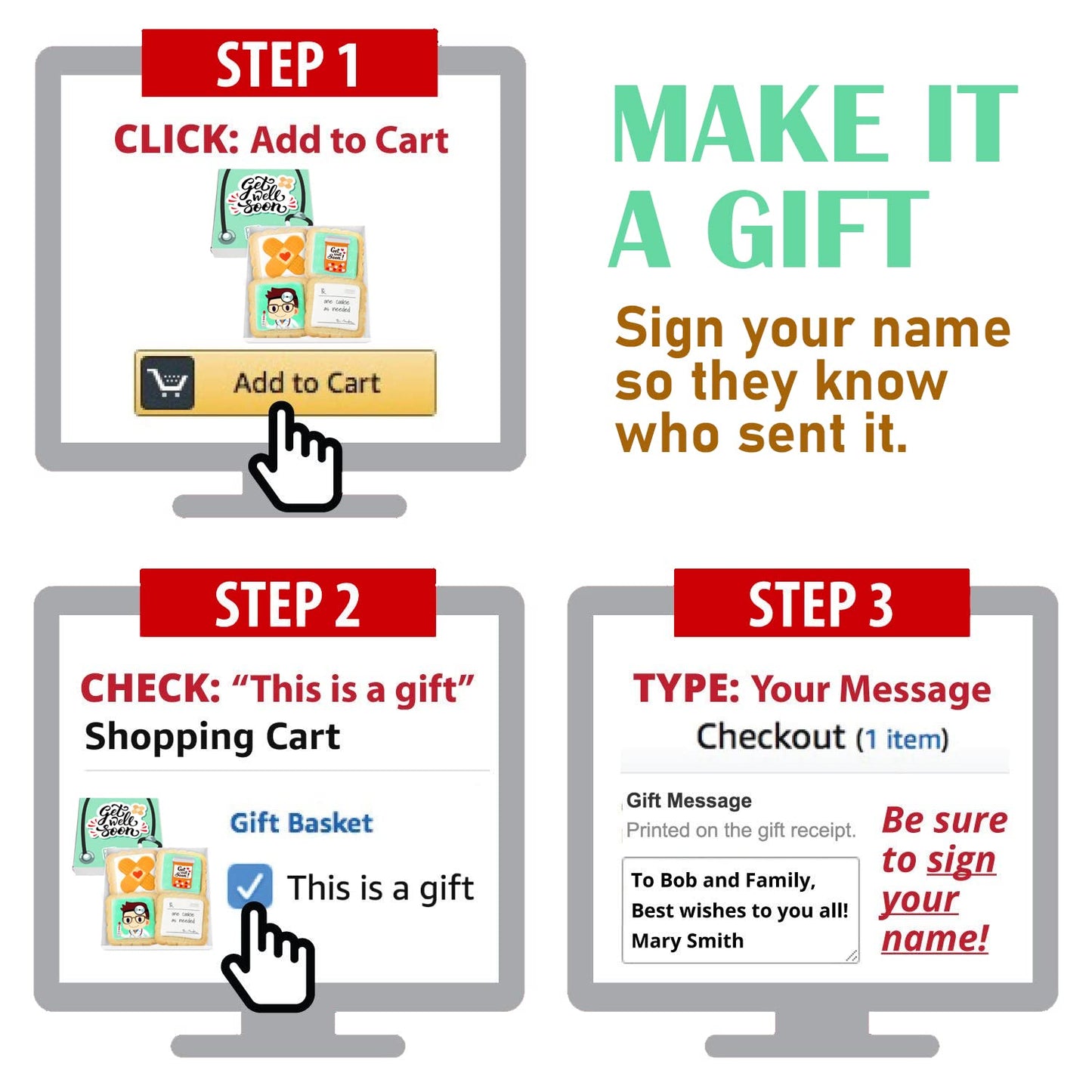 OMCookie Get Well Soon Gift Cookies Basket - Nut Free, Kosher Care Package for Kids & Adults, 4 Count, Surgery Recovery Treats