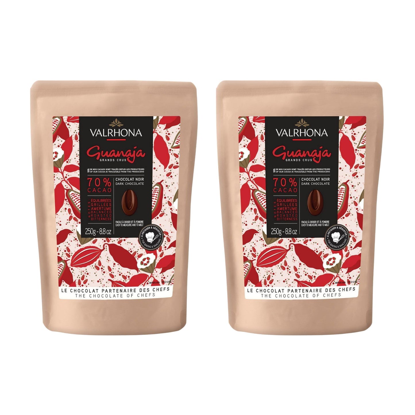 Valrhona Top-Grade French Baking Dark Chocolate Discs (Feves). Classic Guanaja 70% Cacao. Easy Melt. Easy To Chop. Intense & Smooth With Bitter Notes. Sauces Cakes Mousses Frostings 250G (Pack Of 2)
