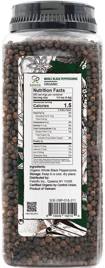 Soeos Organic Black Peppercorns, 18oz (Pack of 1), Non-GMO, Kosher, Packed to Keep Peppers Fresh, Peppercorn for Grinder Refill,