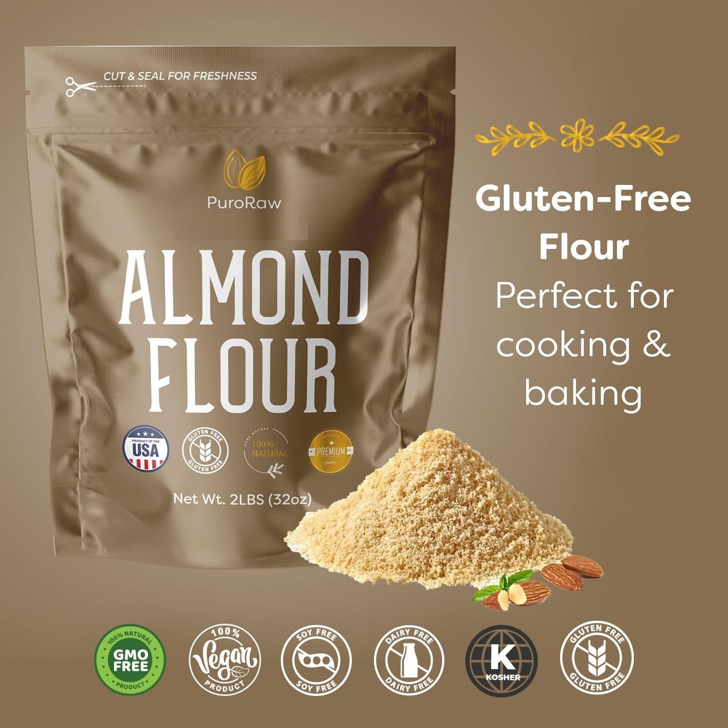 Puroraw Almond Flour, 2Lb, Blanched Almond Flour For Baking, Fine Almond Flour Keto, Almond Powder, Keto Flour, Almond Meal, Gluten Free Flour, Non-Gmo, Batch Tested, 2 Pounds