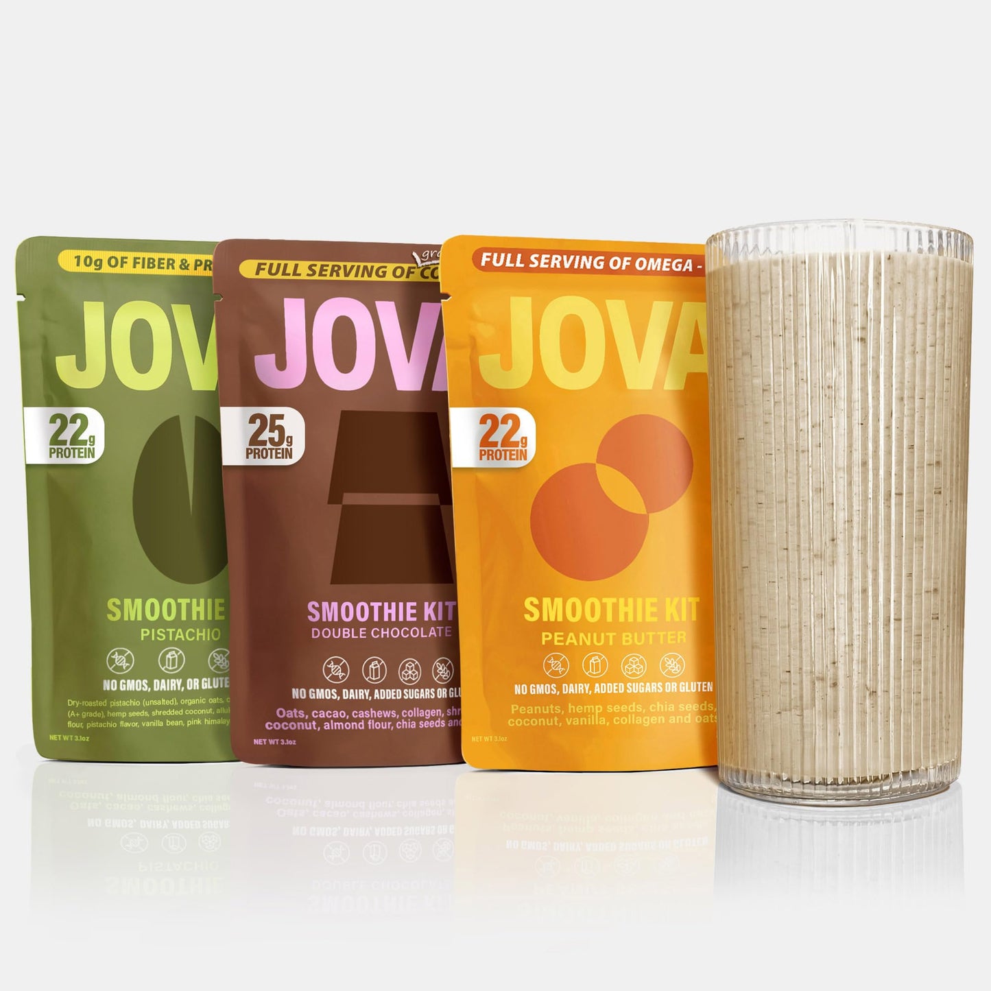 Jova Meal Replacement Smoothie Kit | Nutritious Delicious & Ready In 2 Minutes | Over 22G Protein (Gluten-Free Non-Gmo High Fiber Usa Made) Pistachio Double Chocolate And Peanut Butter 12-Pack