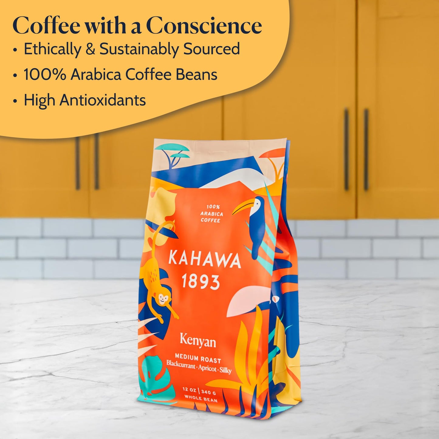 KAHAWA 1893 Whole Bean Coffee Medium Roast Kenyan Blend, 24 Oz, High Antioxidants, Organically Grown, Ethically Sourced