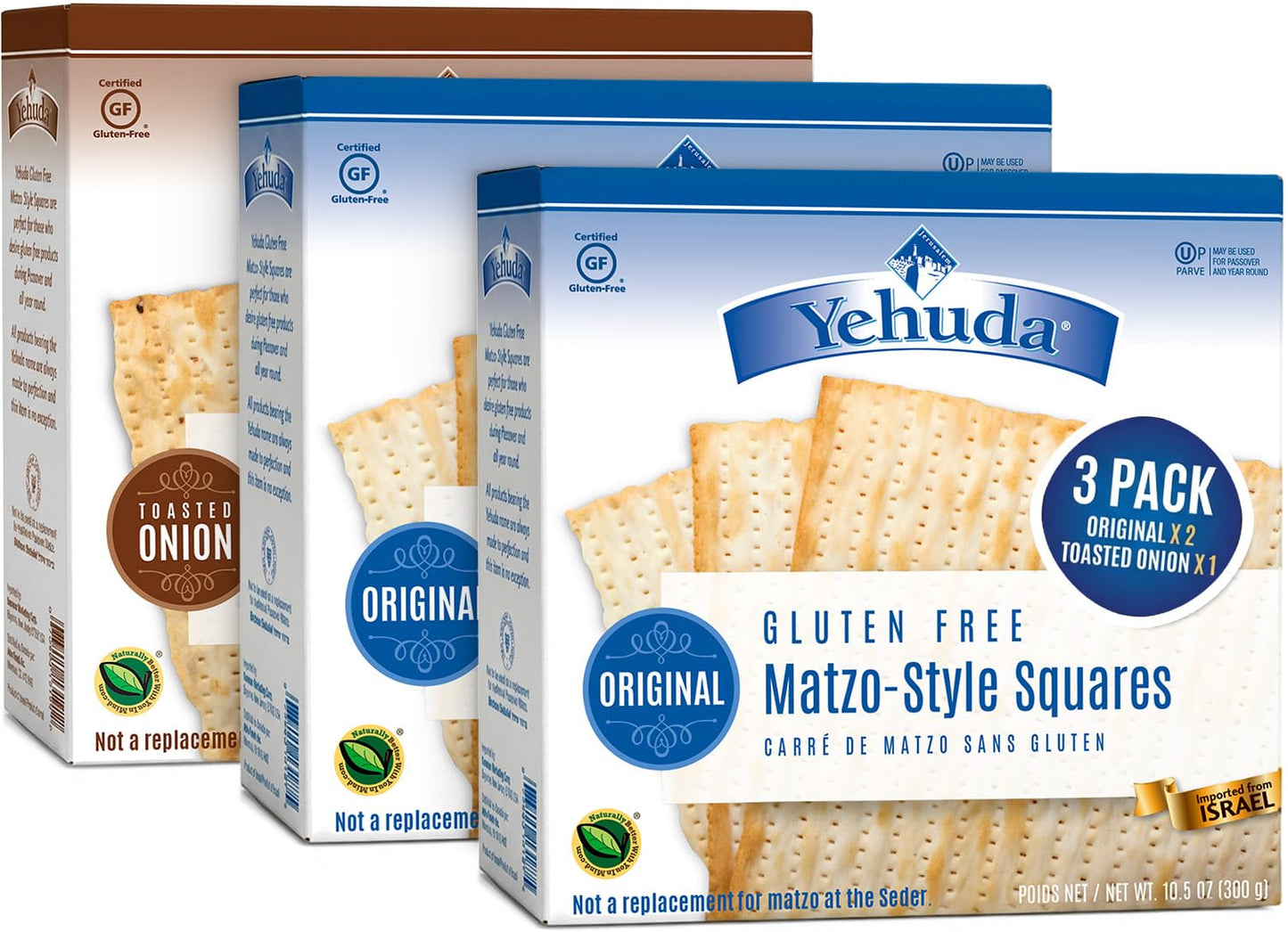 Yehuda Gluten Free Matzo Variety Pack (3 Pack) | 2 Original, 1 Toasted Onion | Product of Israel | Kosher for Passover