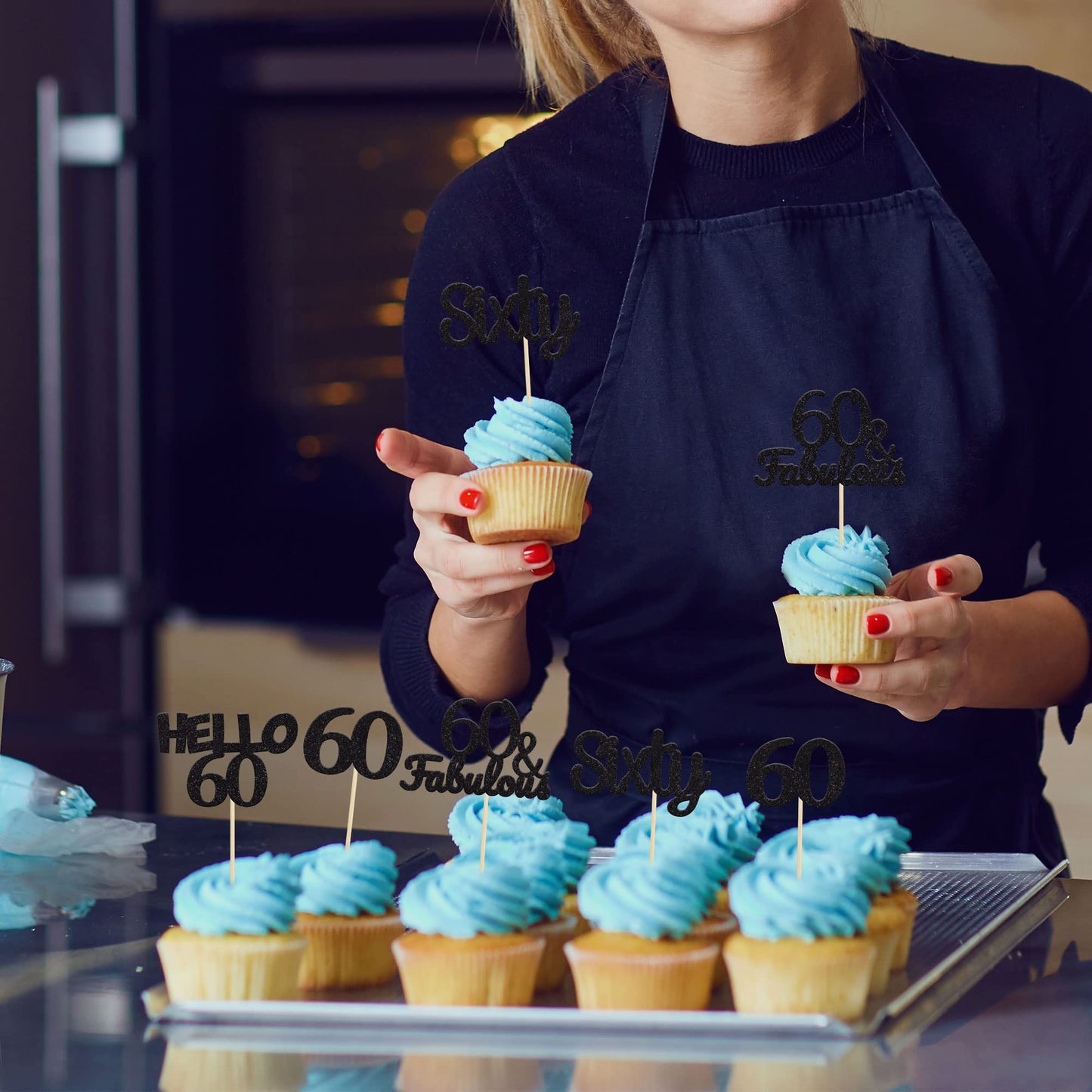 Gyufise 24Pcs Black Glitter 60th Birthday Cupcake Toppers Hello 60 Sixty Cake Toppers 60 & fabulous Cupcake Picks 60th Birthday