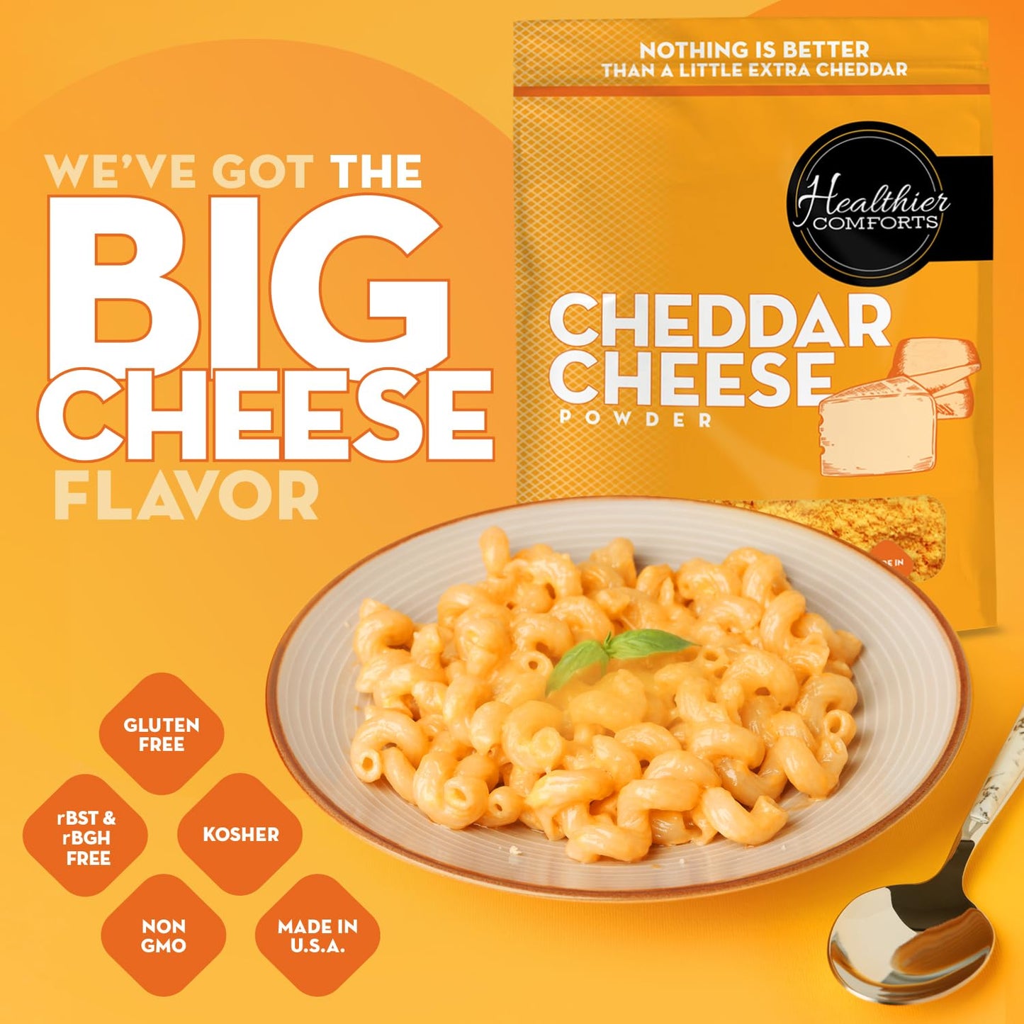 Healthier Comforts Cheddar Cheese Powder (7 Oz) | Premium Yellow Cheddar | Batch Tested Gluten Free, Kosher, No Artificial Dyes