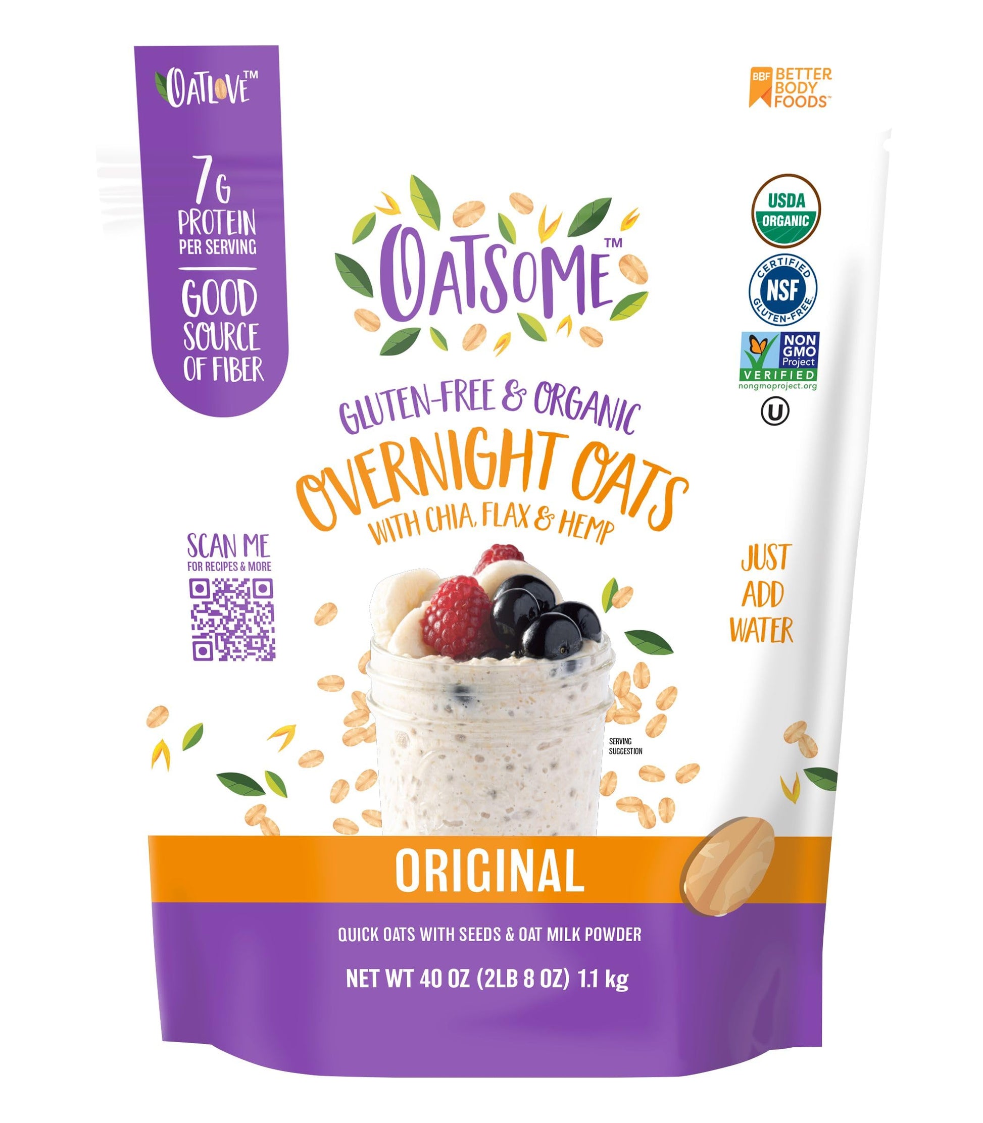 Oatsome Organic Overnight Oats with Chia, Flax, & Hemp, Gluten-Free Oatmeal with 7g of Protein, 2.5 lb Bag