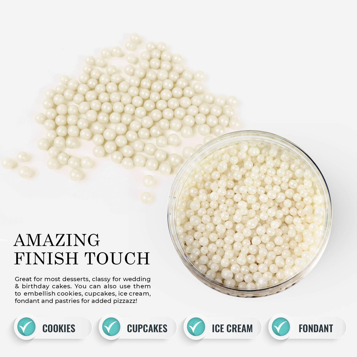 OCREME White Edible Sugar Pearls for Cake Decorating, 12mm, 8 Oz