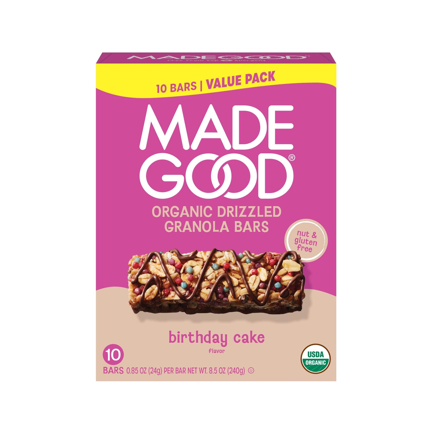 MadeGood Organic Chocolate Drizzled Birthday Cake Granola Bars (10 Count) 8.5 OZ