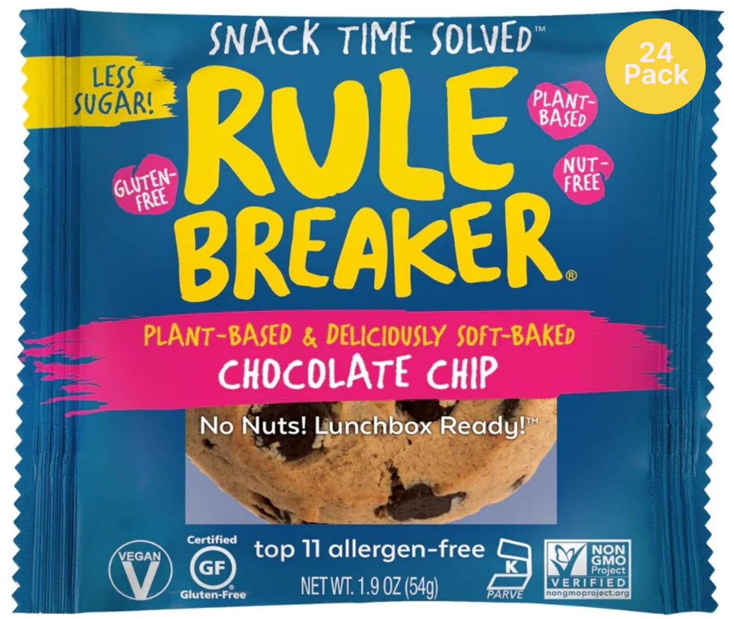 Rule Breaker Vegan & Gluten Free Cookies | Chocolate Chip | Plant-Based Dairy Nut Soy Allergen Free | Soft-Baked Great School Snacks For Kids & 18+ Uses Individually Wrapped (Pack Of 24)