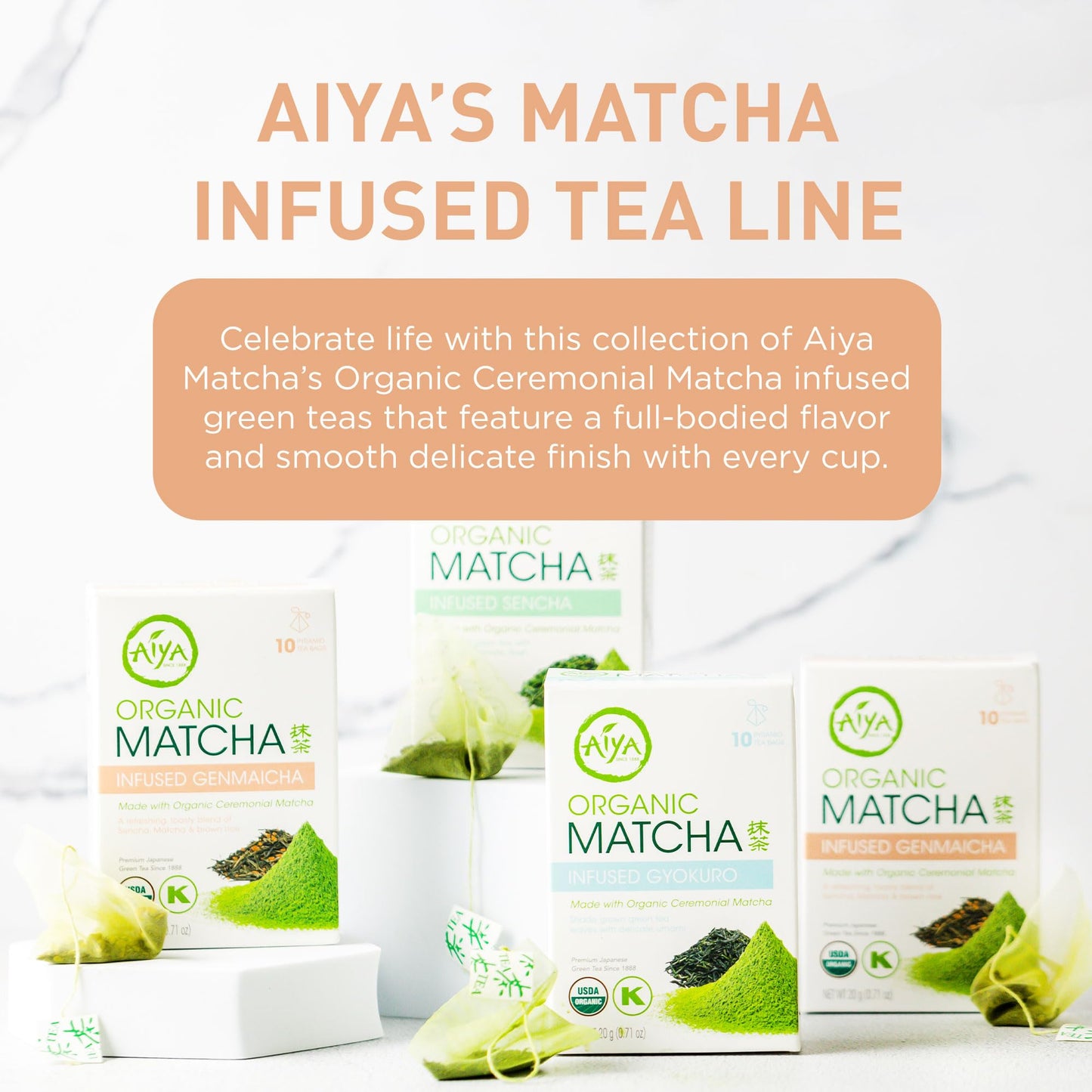Aiya Organic Matcha Infused Genmaicha | Organic Ceremonial Matcha Green Tea, Organic Genmaicha | 10 Count