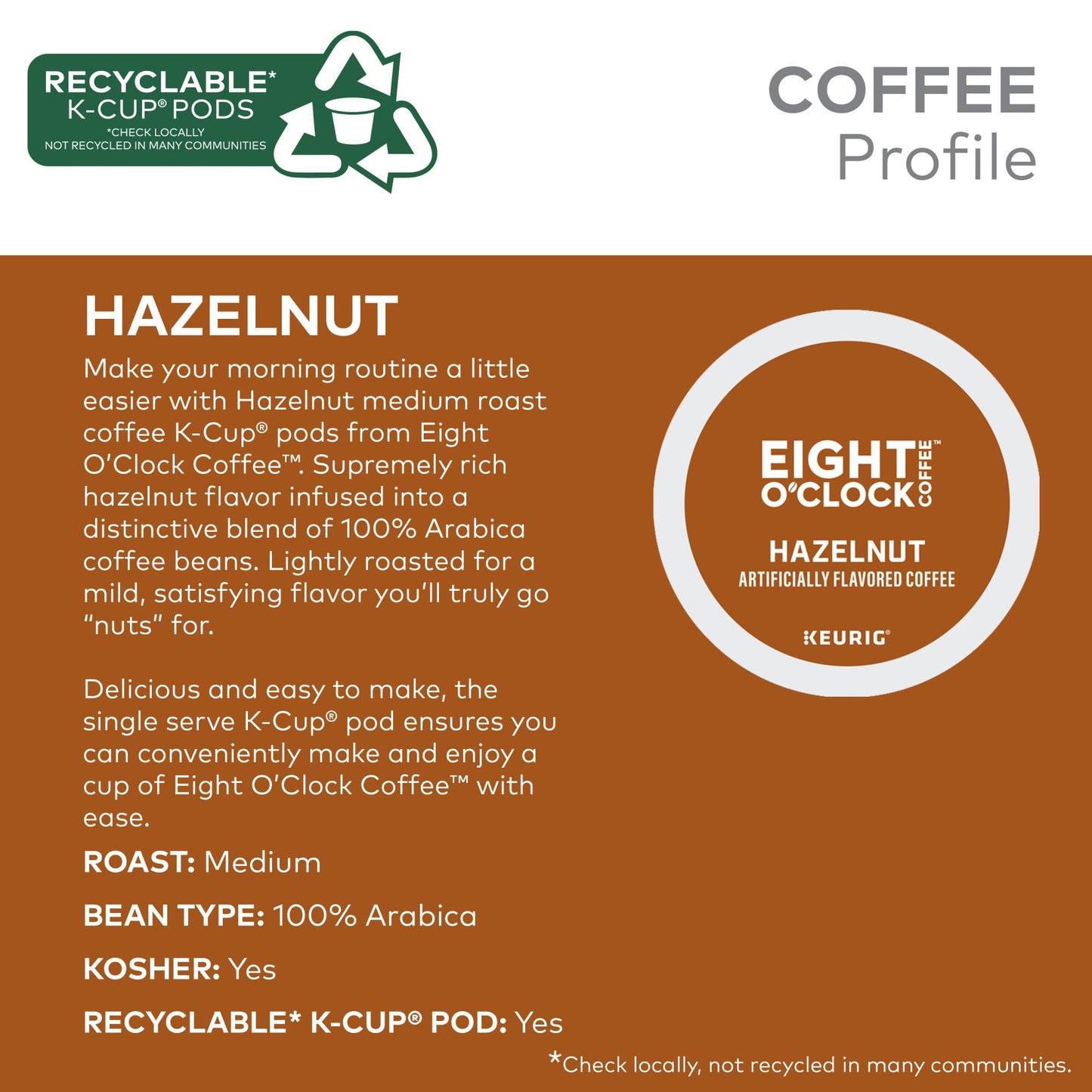 Eight O'Clock Coffee Hazelnut, Keurig Single Serve K-Cup Pods, Medium Roast, 72 Count (6 Packs Of 12)