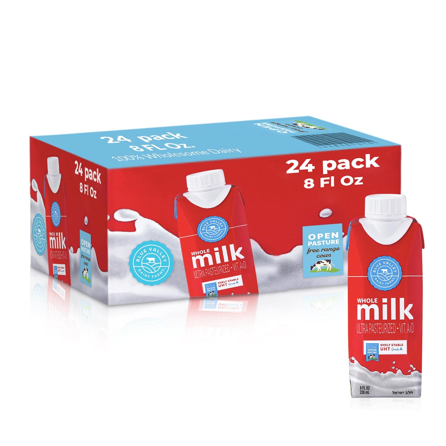 Blue Valley Shelf Stable Whole Milk Boxes with Vitamin D - no refrigeration needed 8 oz Singles (24 Pack) kosher Cholov Yisroel,