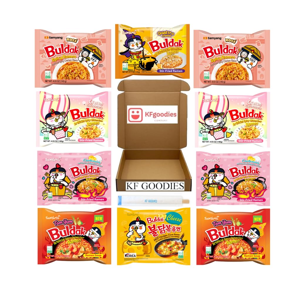 Samyang Buldak Hot Spicy Chicken Ramen Noodle Korean Stir-Fried Ramen (10, Cheese (1), Quattro Cheese (1), Ros   (2), Carbo (2),