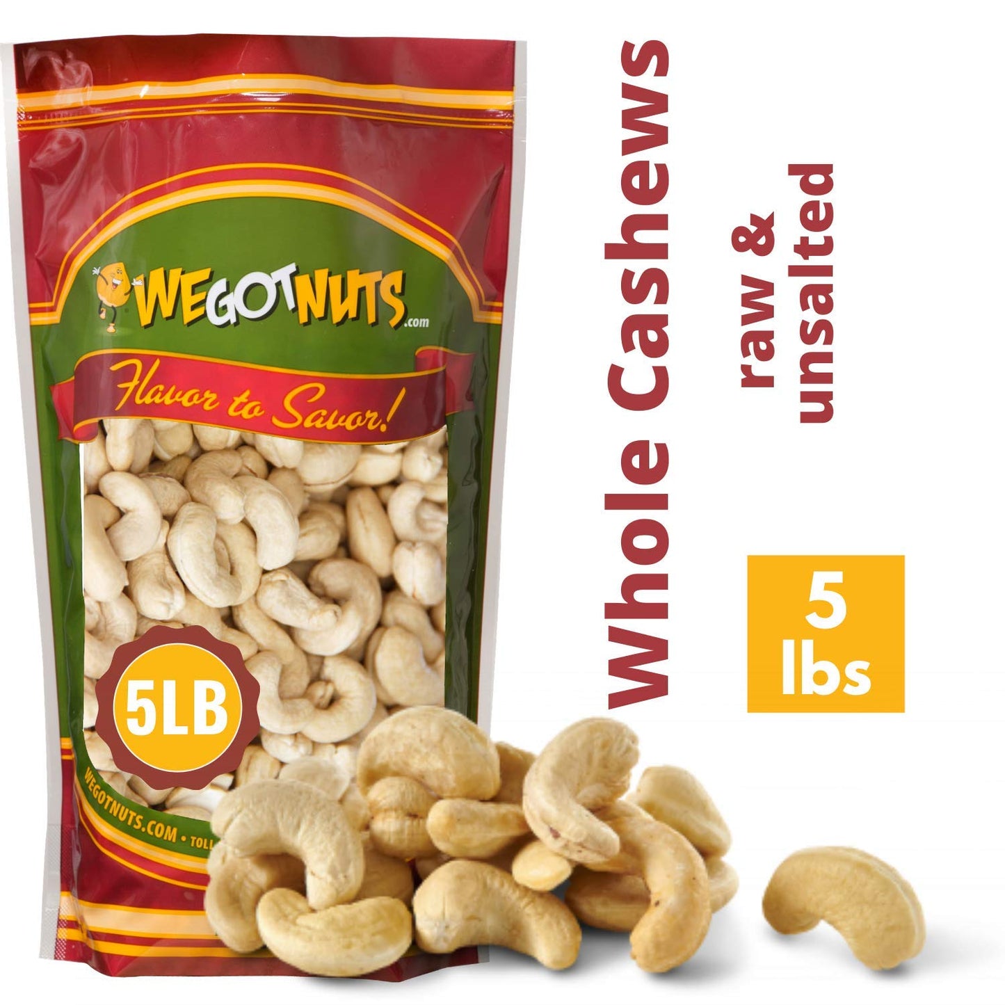 Raw Whole Unsalted Cashews - 5 Lbs.- Premium Quality Kosher Raw Cashews By We Got Nuts - Oil-Free Natural, Healthy & Diet-Friend