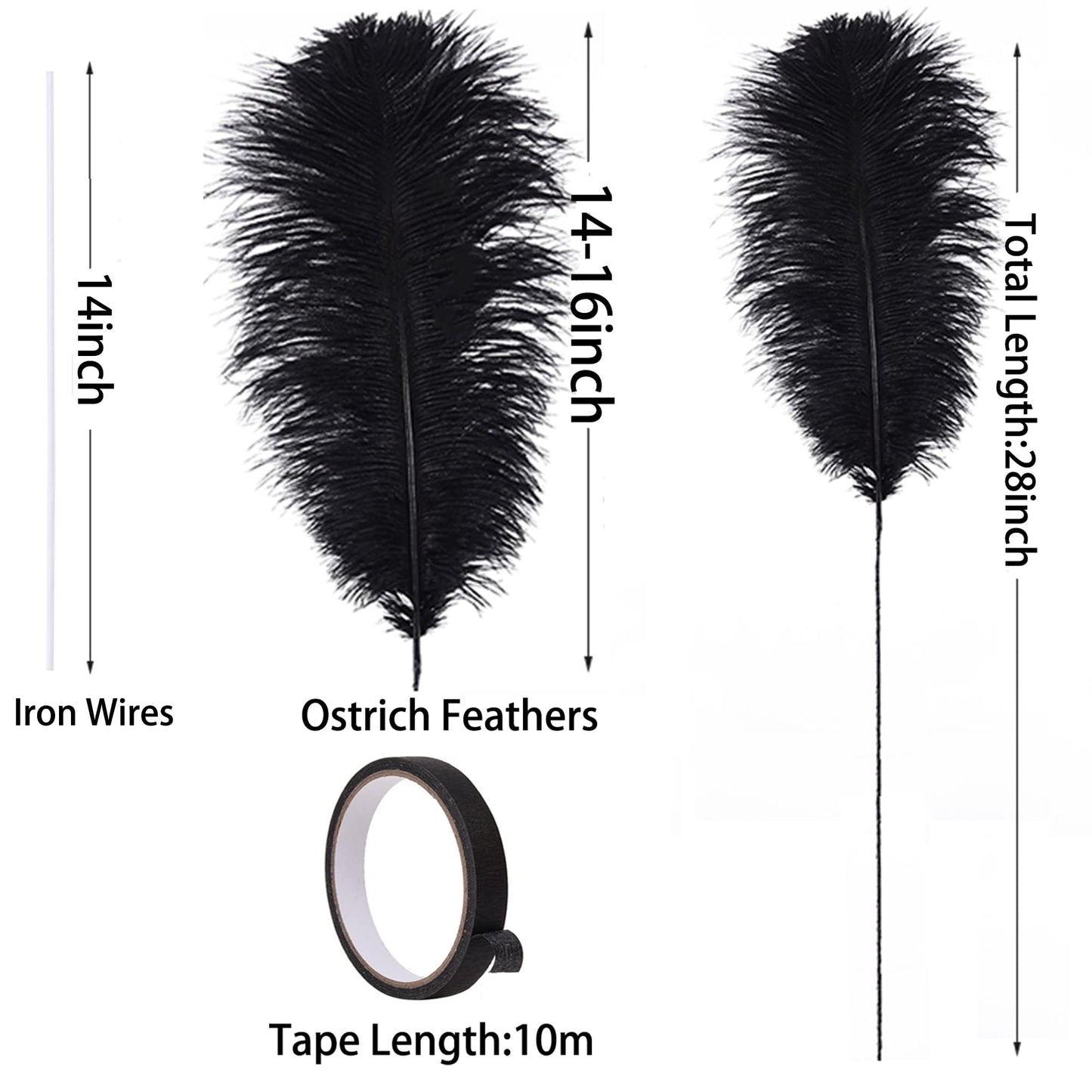 Ballinger Black Ostrich Feathers Bulk - Making Kit 10Pcs 28Inch Large Ostrich Feathers For Floral Arrangement, Vase, Wedding Par