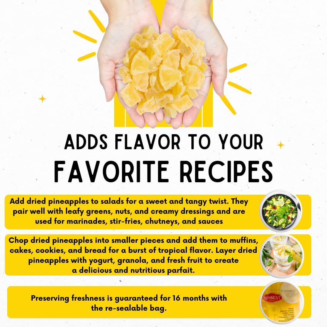 Sunbest Natural Dried Pineapple Chunks - 80 Oz (5 Lbs) 1 Pack - Juicy Candied Pineapple For Snacking, Baking, & Cooking - Vegan, Kosher, Non-Gmo, Plant Based Dehydrated Cut Fruit