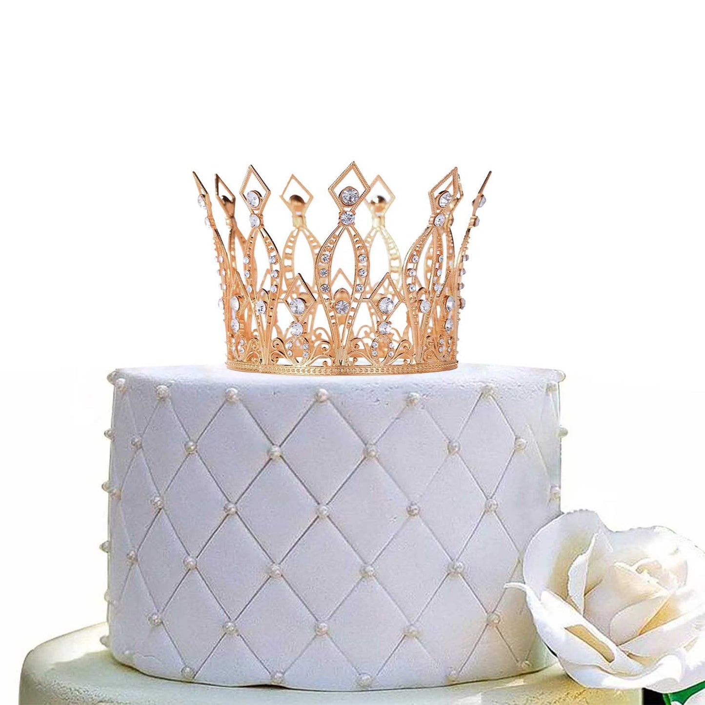 Crown Cake Topper Rhinestone Crystal Handmade Tiara Cake Decoration For Baby Shower Birthday Wedding Party Favors (Rose Gold)