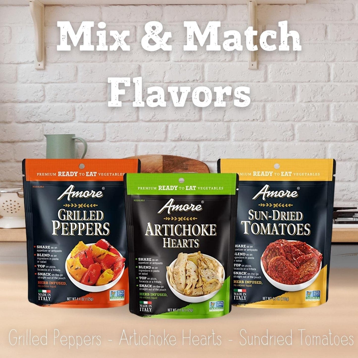 Amore Vegan Sun Dried Tomatoes - Non GMO Certified Ready-to-Eat Herb Infused Vegetables In Resealable Bags 4.4 Ounce (Pack of 10