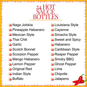 TILZ Hot Sauce Gift Set | 24 Bottles Sampler | Sriracha, Jalapenos, BBQ | Medium Size