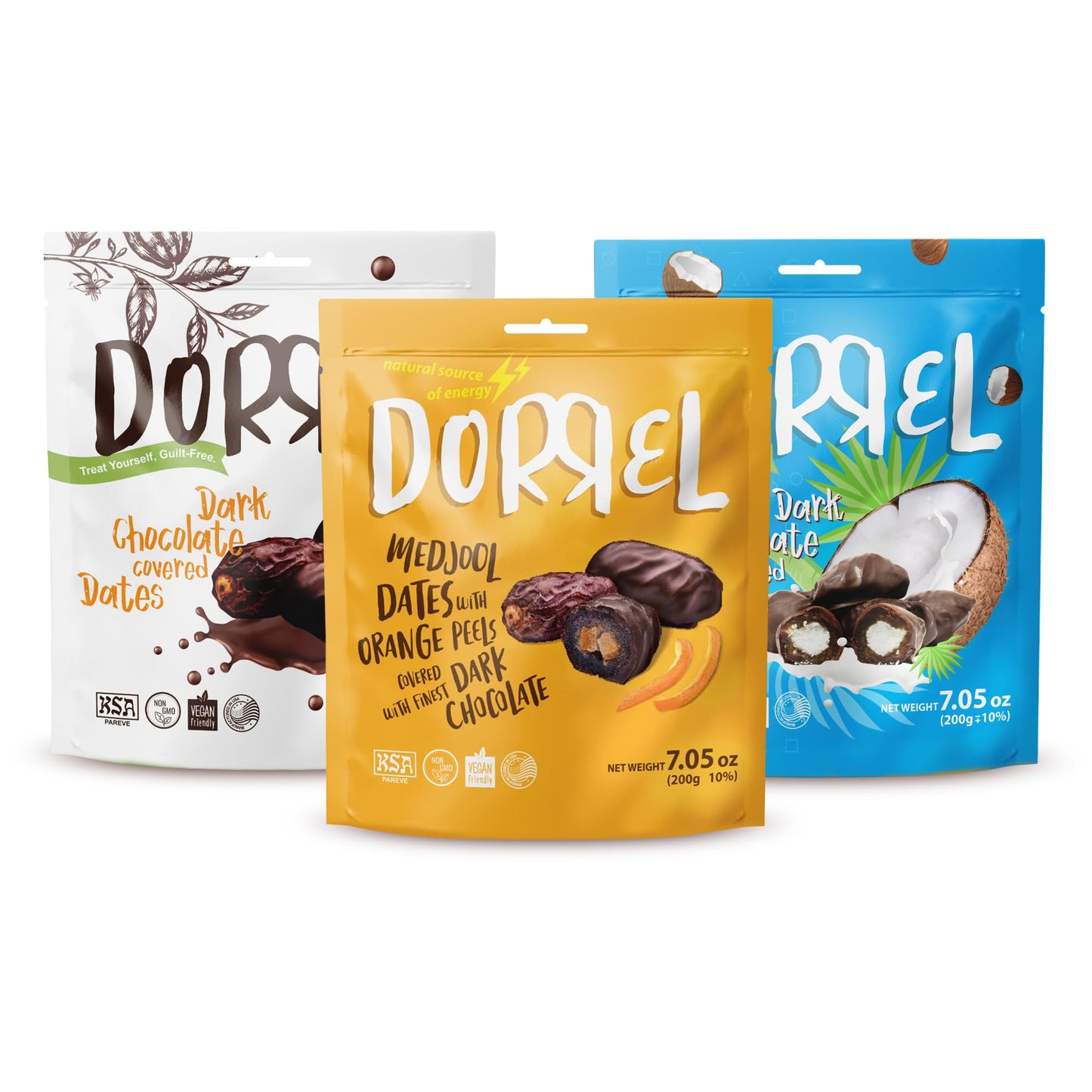 Dorrel - Trio Bundle Pack: Belgian Dark Chocolate Covered Dates (Medjool) + Chocolate Dates With Candied Orange Peels & Coconut Stuffing High Energy Choco Snack Kosher & Non-Gmo Pack Of 3 7.05 Oz Ea