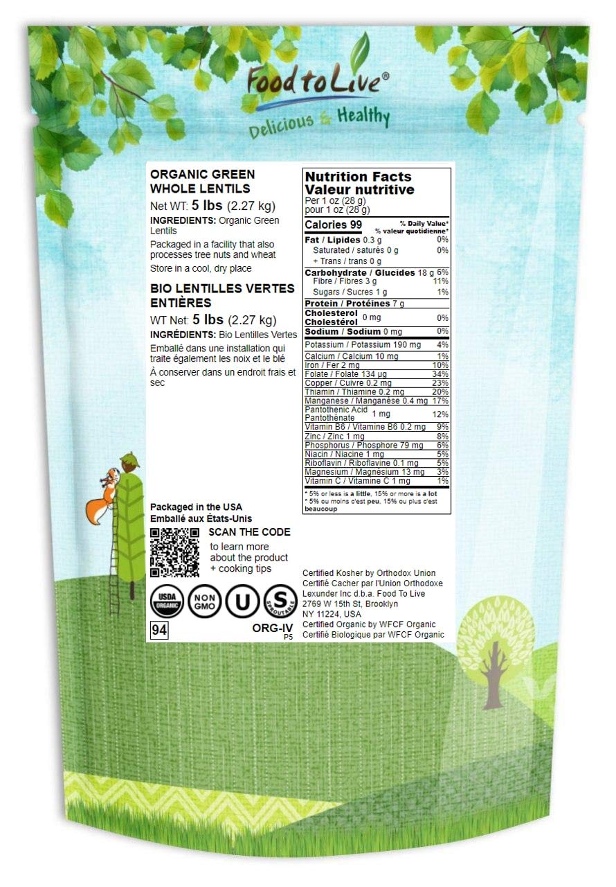 Food to Live Organic Whole Green Lentils, 5 Pounds - Non-GMO, Dried Raw Beans, Sproutable, Vegan, Kosher, High in Folate, Dietar