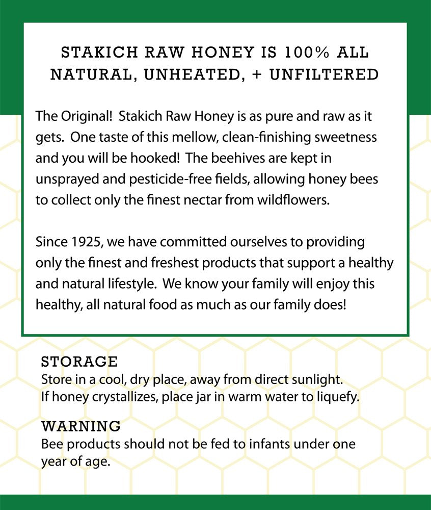 Stakich Raw Honey - Pure, Unprocessed, Kosher - 40 Ounce (2.5 Pound)