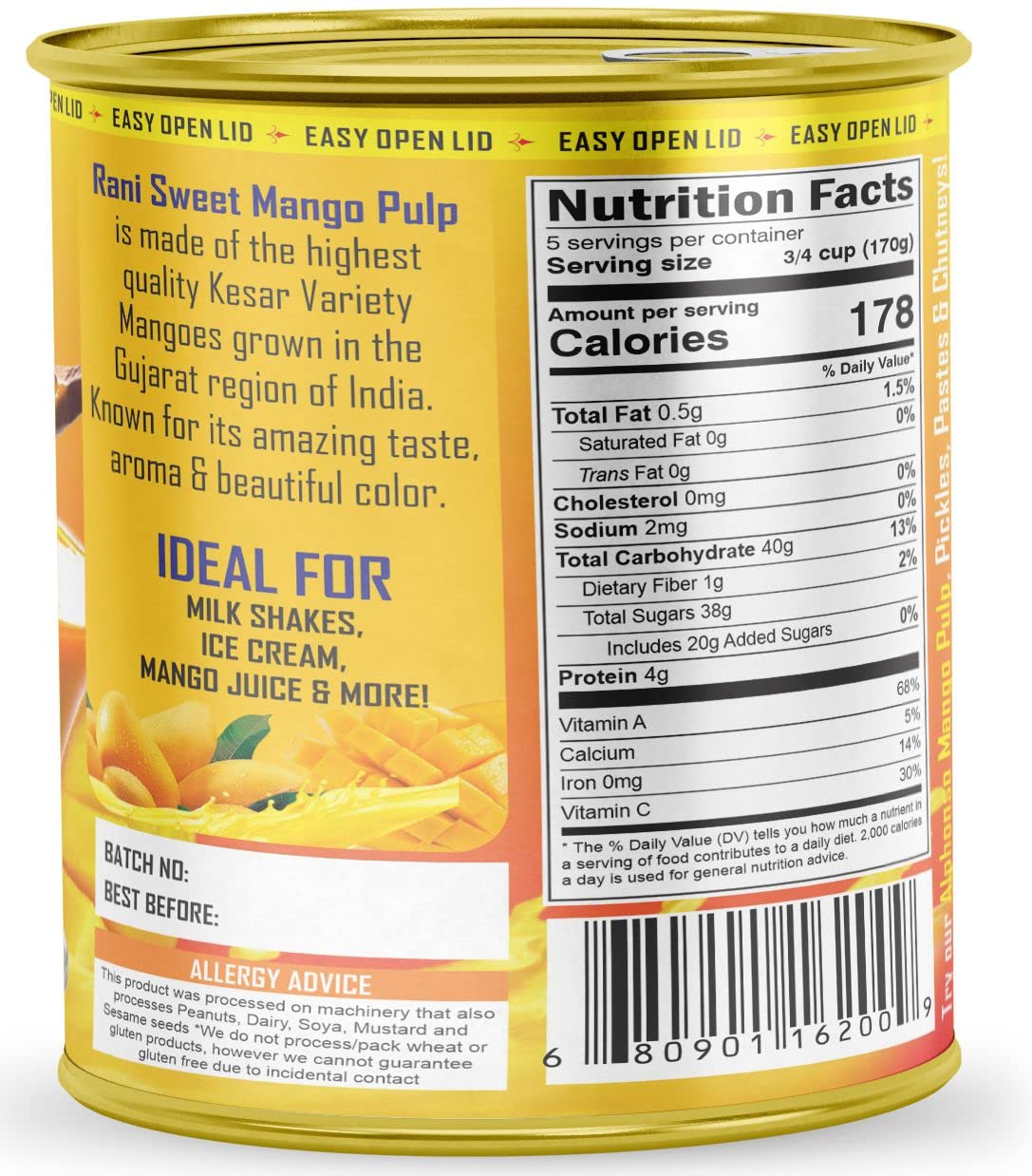 Rani Mango Pulp Puree (Makes Mango Lassi Shakes) Kesar Sweetened 30Oz (1.875Lbs) 850G Pack Of 6 ~ Kosher | All Natural | Non-Gmo | Vegan | No Colors | Gluten Friendly | Indian Origin