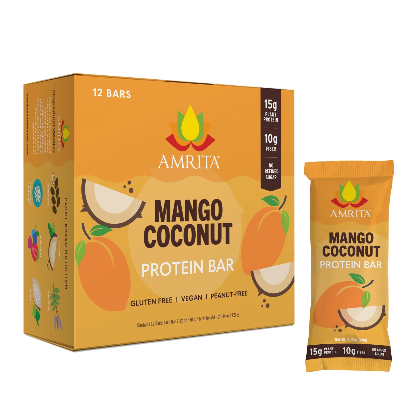 Amrita Mango Coconut Vegan Protein Bars - Peanut/Dairy Free, Soy & Gluten Free -15G Plant Based Protein Bars, High Fiber, Low Su