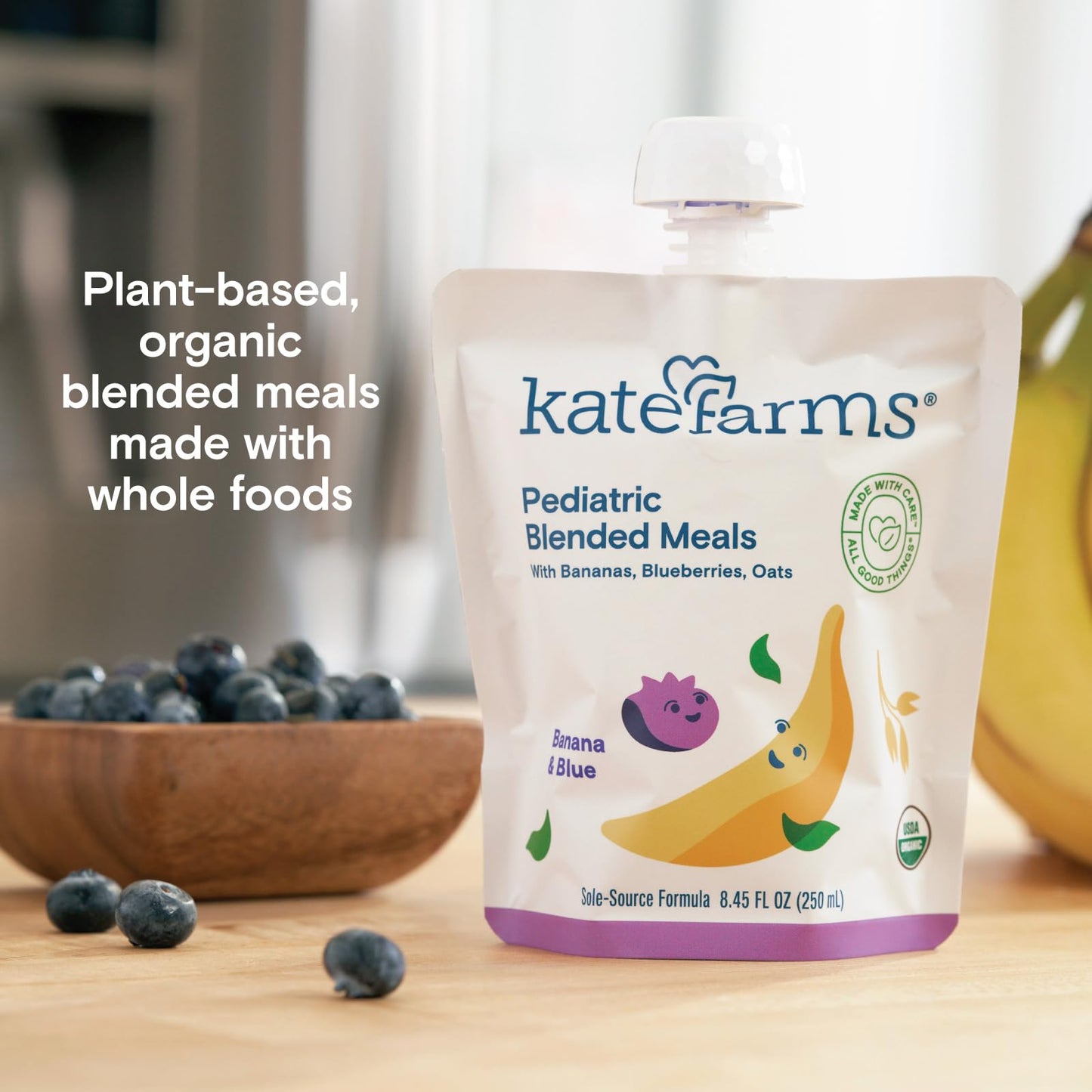 KATE FARMS Organic Pediatric Blended Meal, Bananas and Blueberries, 8g protein, organic whole foods, oral or tube feed nutrition