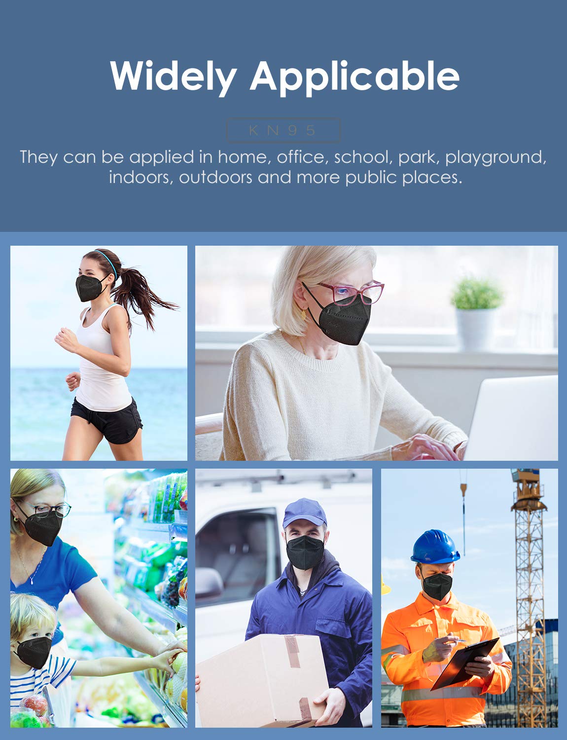 Huheta 50 Packs Kn95 Face Mask, 5-Layer Face Mask Filter Efficiency=95% (Black)