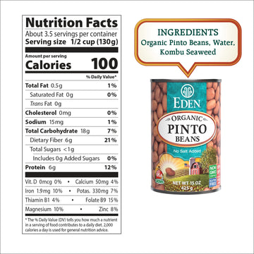 Eden Organic Pinto Beans, 15 oz Can (12-Pack), No Salt Added, Non-GMO, Gluten Free, Vegan, Kosher, U.S. Grown, Heat and Serve, M