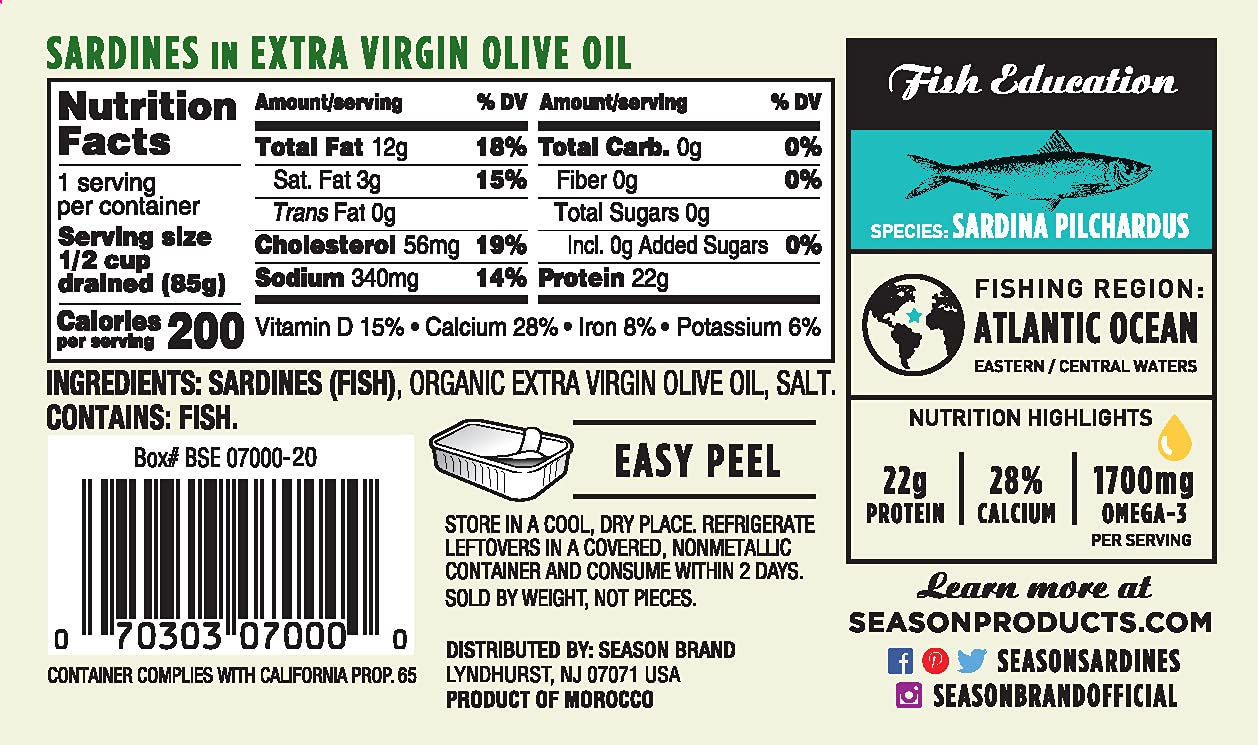 Season Sardines in Extra Virgin Olive Oil - Wild Caught, 22g of Protein, Keto Snacks, More Omega 3's Than Tuna, Kosher, High in