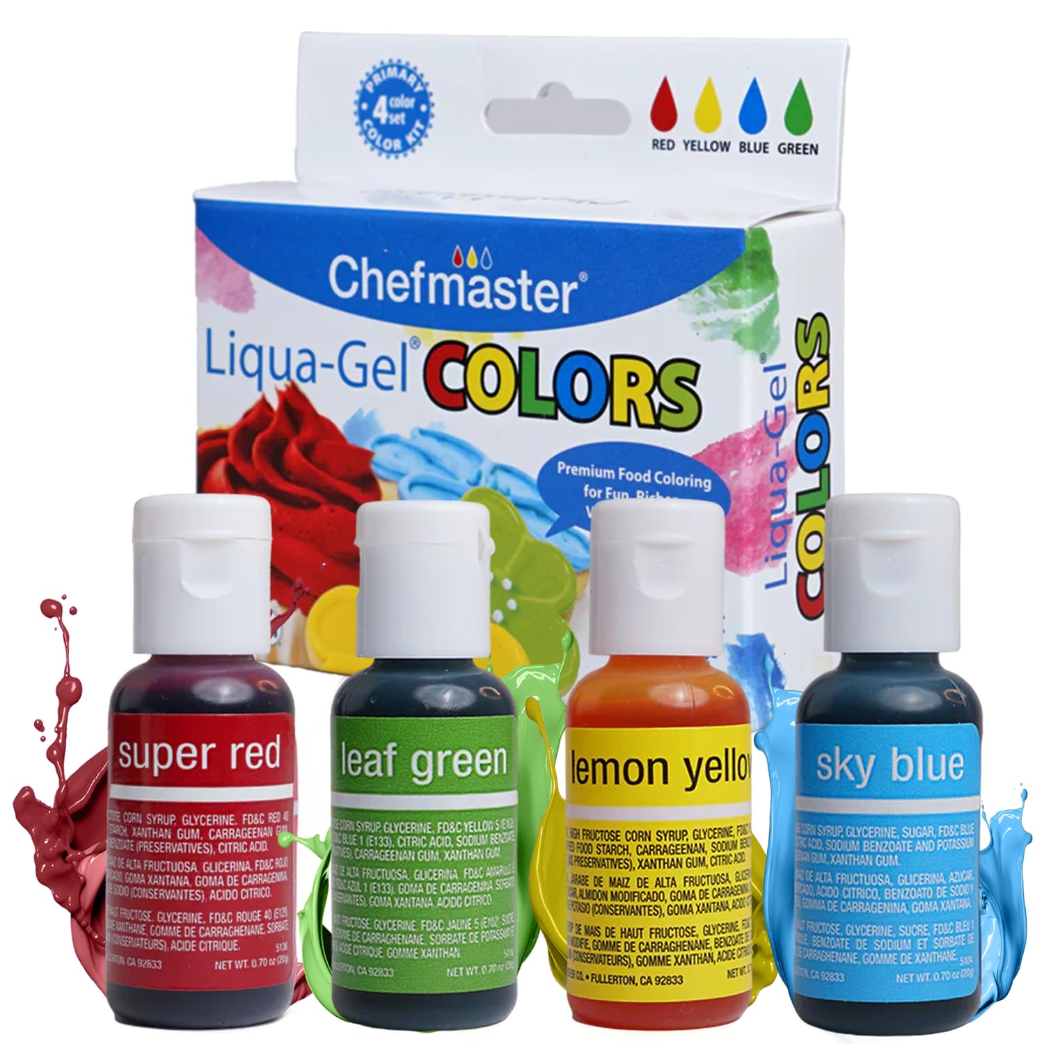 Chefmaster - Primary Colors Liqua-Gel Food Coloring Kit - Water-Based Food Coloring Gel - 4 Pack - Highly Pigmented Gel, Create Vividly Colored