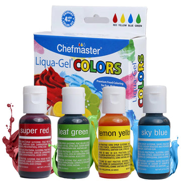 Chefmaster - Primary Colors Liqua-Gel Food Coloring Kit - Water-Based Food Coloring Gel - 4 Pack - Highly Pigmented Gel, Create Vividly Colored Desserts, Easy-To-Blend Formula - Made In The Usa