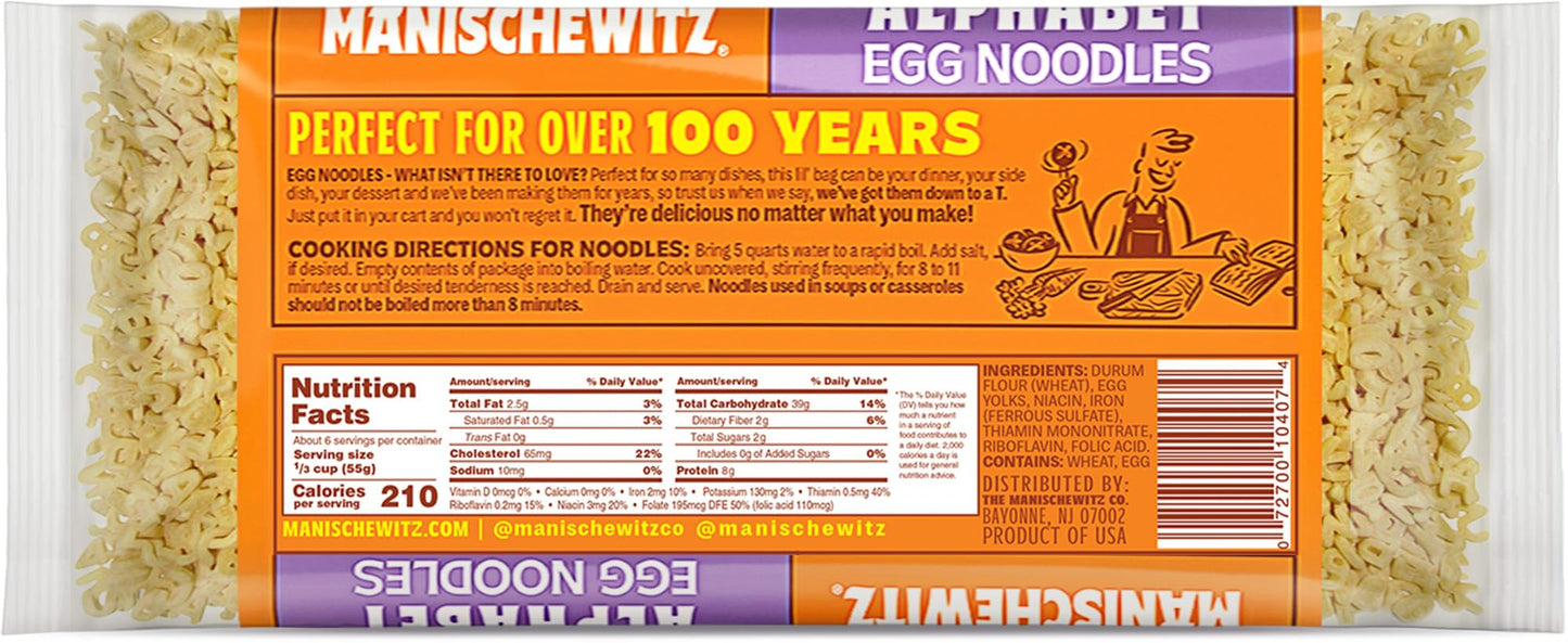 Manischewitz Alphabet Abc Pasta Egg Noodles 12Oz (3 Pack), Home-Style Taste & Texture, Premium Enriched, Low Sodium, No Preservatives