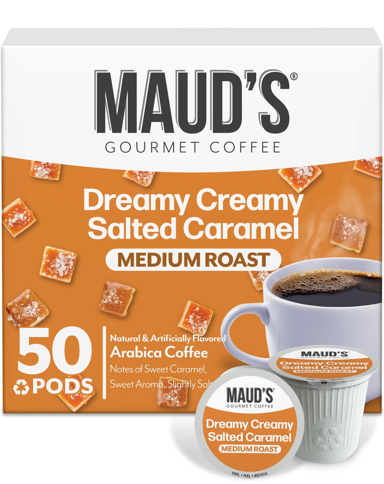 MaudS Salted Caramel Flavored Coffee Pods 50Ct Medium Roast Flavored Coffee In Recyclable Single Serve Pods - 100% Arabica Beans Compatible With Keurig K Cups Maker