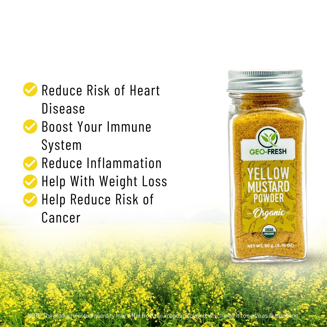 Geo-Fresh Organic Yellow Mustard Ground 1.76 Oz (50G), Tangy In Flavour | Dips, Dressings & Marinades | Non-Gmo, Kosher, 100% Or