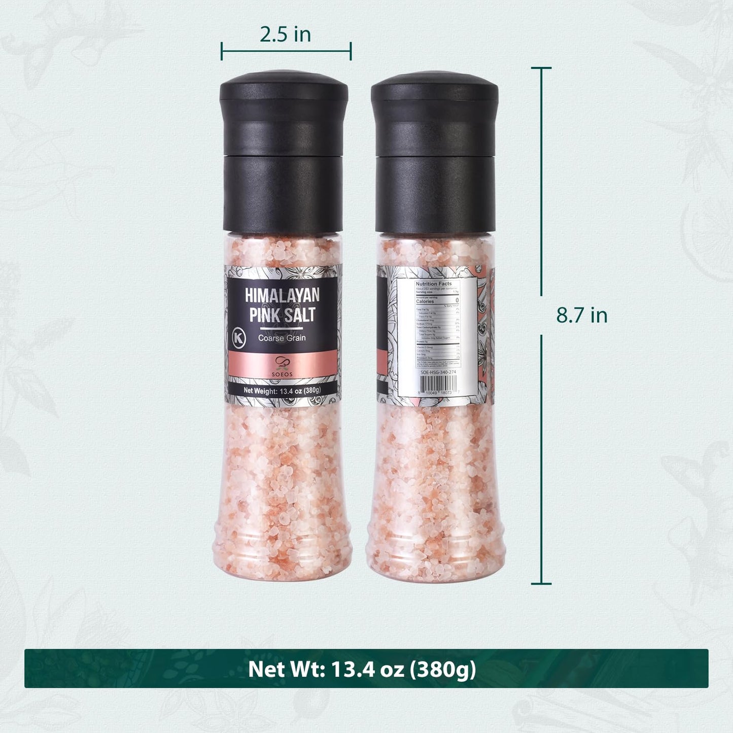 Soeos Salt Grinder Set Himalayan Pink Salt Coarse Grain Salt for Grinder Refill 13.4 Oz (380g) Refillable Plastic Bottle Rock Salt Kosher Salt Set (Pack of 1)