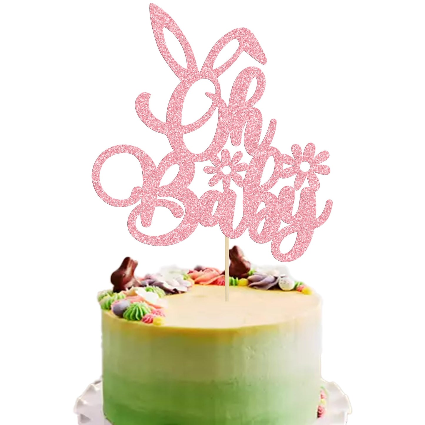 Gyufise 1 Pack Easter Oh Baby Cake Topper Glitter Bunny Ear Baby Shower Cake Pick Decorations For Happy Easter Spring Themed Baby Shower Kids Birthday Party Supplies Pink