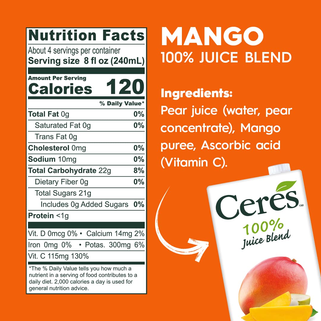 Ceres 100% All Natural Pure Fruit Juice Blend - Delicious Mango Edition - Rich In Vitamin C, No Added Sugar Or Preservatives, Ch