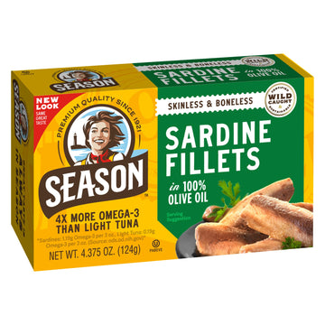 Season Sardines In Extra Virgin Olive Oil - Skinless & Boneless, Wild Caught, 22G Of Protein, Keto Snacks, More Omega 3'S Than Tuna, Kosher, High In Calcium, Canned Sardines - 4.37 Oz Tins, 12-Pack